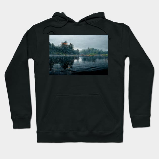 Foggy Lake Falling Raindrops On A Rainy Autumn Day Hoodie by Unwind-Art-Work